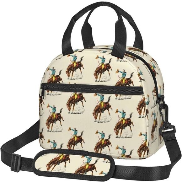 Western Vintage Cowboy Rodeo Print School Work Lunchbox Women Kids Casual Tote - Picture 1 of 9